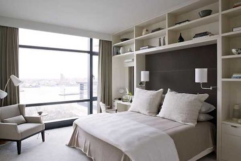 Classy Black and White Decorating Ideas Saturated New York Apartment with Grace Overbed Storage, Upholstered Walls, Classy Bedroom, Perfect Bedroom, Affordable Decor, New York Apartment, Contemporary Bedroom, Custom Cabinetry, White Decor