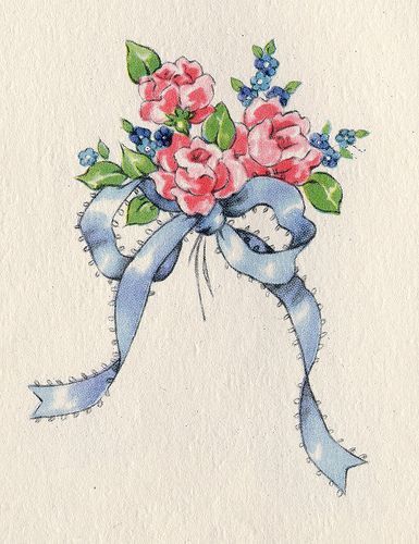 Bow Drawing, Purchase Card, 강아지 그림, Pink And Blue Flowers, China Painting, Watercolor Inspiration, Vintage Greeting Cards, Main Page, Vintage Images