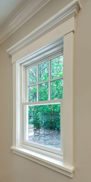 Window Framing Interior, Framing Interior Windows, Narrow Window Trim, Molding Above Windows, Wall Moulding Around Windows, Framed Windows Molding, Woodwork Around Windows, Front Picture Window Ideas, Crown Molding Around Windows