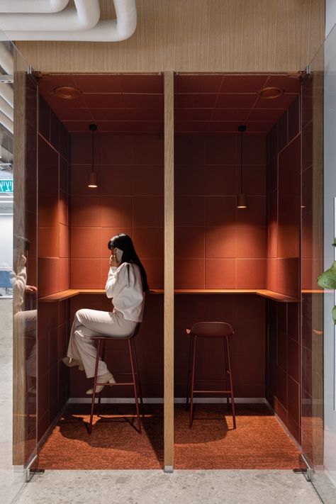 Gathering Space Design, Office Booth, Coworking Space Design, Phone Booth Office, Red Office, Quiet Room, Leasing Office, Phone Booth, Office Snapshots