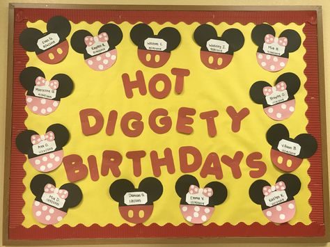 Mickey/Minnie Hot Diggety Birthday Board ! 🎂 Mickey Mouse Daycare Theme, Birthday Boards For Infant Room, Mickey Mouse Birthday Board, Mickey Mouse Birthday Board Classroom, Birthday Board Infant Classroom, Mickey Mouse Birthday Bulletin Board, Disney Birthday Wall Ideas For Classroom, Disney Classroom Birthday Board, Birthday Wall Ideas For Daycare