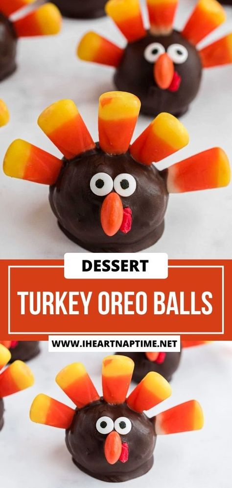 These turkey Oreo balls are an easy kid-friendly Thanksgiving dessert that are so fun to make. Oreo truffles are dipped in chocolate then decorated with candy corn and candy eyes to turn them into festive turkeys! Oreo Ball Turkey, Easy Kid Desserts For Thanksgiving, Turkey Day Desserts, Turkey Oreo Balls, Turkey Cookies With Candy Corn, Thanksgiving Kids Dessert Ideas, Thanksgiving Desserts Kids Easy, Thanksgiving Kid Desserts, Turkey Treats For Thanksgiving