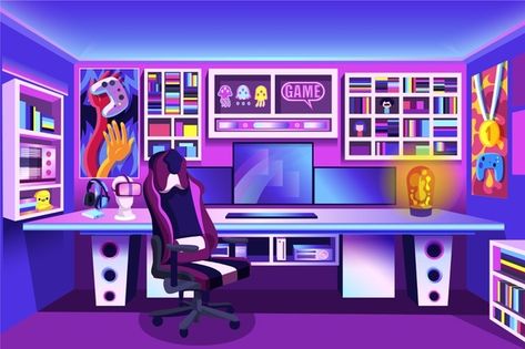 Detailed gamer room illustration Premium... | Premium Vector #Freepik #vector #computer #room #desk #illustrations Computer Club, Room Illustration, World Radio, Flat World, Trans Boys, Easter Illustration, Video Game Room Design, Japanese Temple, Music Festival Poster