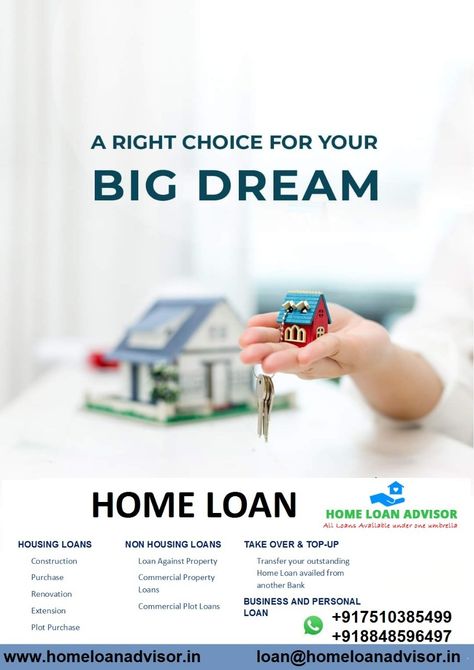 What is Home Loan? Home loan is a form of secured loan that is availed by a customer to purchase a house. The property can be an under-construction or a ready property from a developer, purchase of a resale property, to construct a housing unit on a plot of land, to make improvements and extensions to an already existing house and to transfer your existing home loan availed from another financial institution to HDFC. A housing loan is repaid through equated monthly installments (EMI) Home Loan Poster, Personal Loan Ads Creative, Home Loan Advertising, Home Loan Creative Ads, Loan Creative Ads, Loan Ads, New Love Pic, What Is Home, Loans For Poor Credit