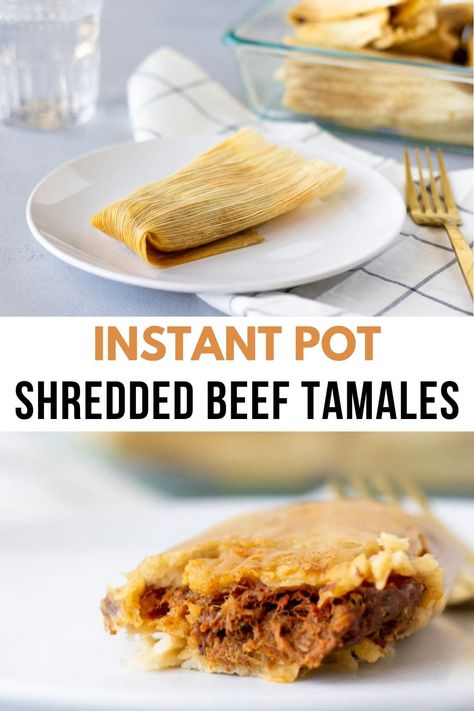 Beef Tamales cooked in the Instant Pot in half the time. Along with masa made with bacon drippings and filled with a flavorful shredded beef. Recipe on ThaiCaliente.com Beef For Tamales Crock Pot, Beef Tamales Recipe Easy, Instant Pot Tamales Cook Time, Shredded Beef Tamales, Tamales Authentic Mexican Beef, Tamales Recipe Instant Pot, Beef Tamale Filling Recipe, Beef Tamales Recipe Homemade, Red Beef Tamales Recipe