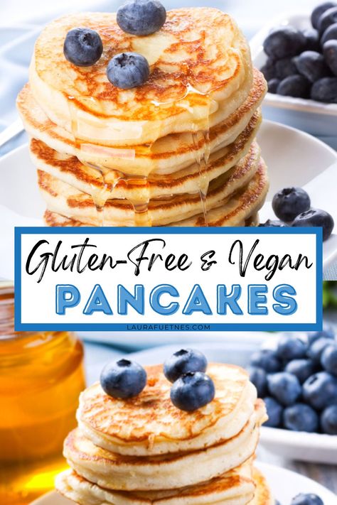 The best tasting recipe for vegan-friendly pancakes that are also gluten-free! No eggs, no dairy, with all the stack-a-ble goodness you expect from a great recipe! Eggless Gluten Free Pancakes, Dairy Free Nut Free Egg Free Recipes, Gluten Free Dairy Free Pancake Recipe, Gluten Free Dairy Free Pancakes Easy, Gluten Free Pancakes No Eggs, Gluten And Dairy Free Pancakes, Dairy Free Gluten Free Pancakes, Dairy Soy Egg Free Recipes, Gluten Free Pancakes From Scratch