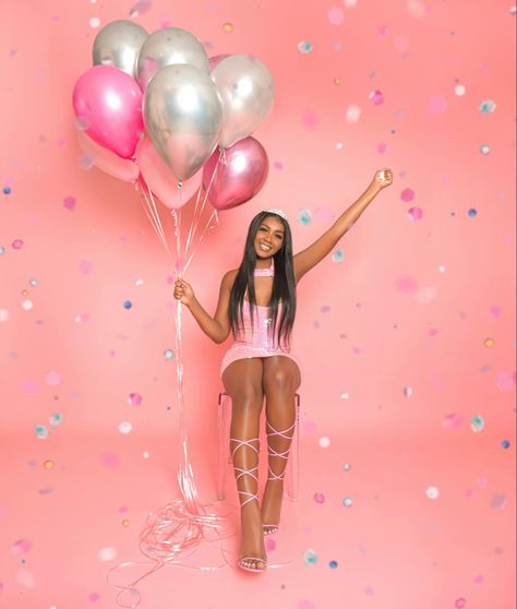 17 Year Photoshoot, Neon Birthday Photoshoot, Pink And Silver Birthday Photoshoot, Birthday Photoshoot Pink Background, 18th Birthday Photoshoot Ideas Pink, Birthday Photoshoot Ideas With Balloons, Birthday Photo Shoot Poses, Birthday Studio Photoshoot Ideas For Women, 21 Birthday Shoot