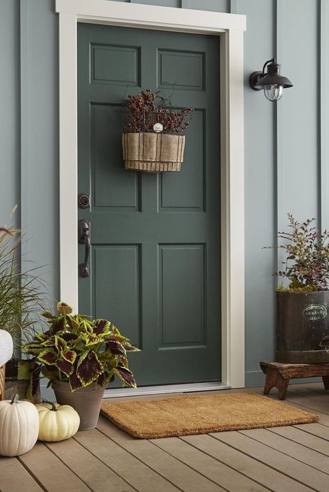 A welcoming, muted spruce front door. Brown House Door Color Ideas, Door Shades, Exterior Door Colors, Behr Colors, Green Front Doors, Blue Green Paints, Painting House, Beautiful Front Doors, Door Paint