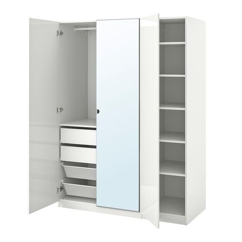 PAX / FARDAL/VIKEDAL Wardrobe combination - high gloss white/mirror glass - IKEA Open Dresser, Powder Coating Wheels, Dressing Ikea, Pax Planner, Armoire Ikea, Armoire Pax, Pax System, Integrated Lighting, Corner Wardrobe