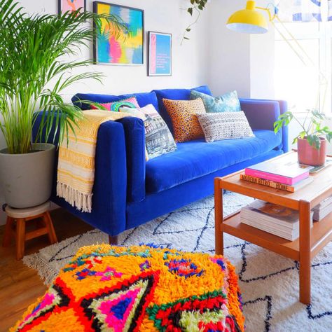 Browse Photos | Apartment Therapy Bright Blue Couch, Living Room Vibes, Colorful Maximalist Decor, Blue Couch Living Room, Maximalist Living Room, Sofa Workshop, Greek Decor, Blue Couch, Colourful Living Room Decor