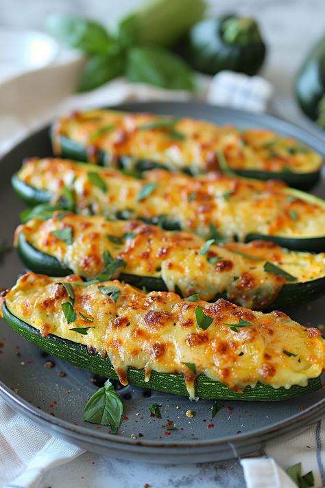 Four stuffed zucchini boats topped with melted cheese and garnished with herbs on a plate. Zucchini Boats Air Fryer Recipes, Stuff Zucchini Boats, Veggie Zucchini Boats, Zucchini Boats Vegetarian, Zucchini Boats Healthy, Zucchini Boats Recipe, Zucchini Pizza Boats, Air Fryer Zucchini, Zucchini Boat Recipes