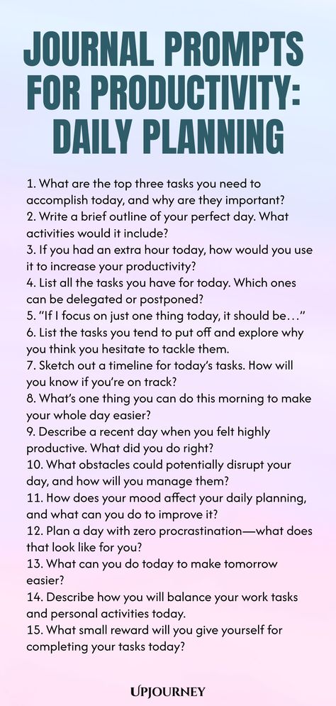 Improve your daily productivity with these effective journal prompts for daily planning. Organize your day, set priorities, and boost your efficiency with these thoughtfully curated prompts. Enhance time management skills and make the most of each day by integrating these prompts into your routine. Stay focused, motivated, and on track towards achieving your goals by utilizing these insightful journaling exercises tailored for productivity seekers. Elevate your planning game with these prompts d Goals To Write In Journal, Productivity Journal Prompts, Daily Reflection Journal Template, Routine Building, Journaling Exercises, Daily Journaling Prompts, Productivity Journal, Psychology Terms, Digging Deeper