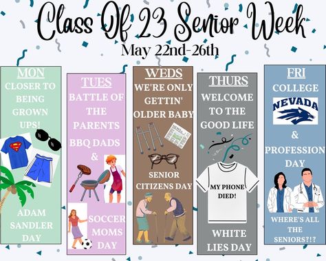 Senior spirit week flyer - North Valleys HS @northvalleysstudentleadership Senior Spirit Week, Pride Games, Senior Week Ideas, Spirit Week Flyer, Senior Week, Senior Day, Game Prizes, Dress Up Day, White Day