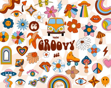 Groovy 70s Aesthetic, Hippy Designs, Groovy Pictures, 70s Graphics, 70s Illustration, Art Peaceful, Retro Clipart, Groovy Art, Groovy Flowers