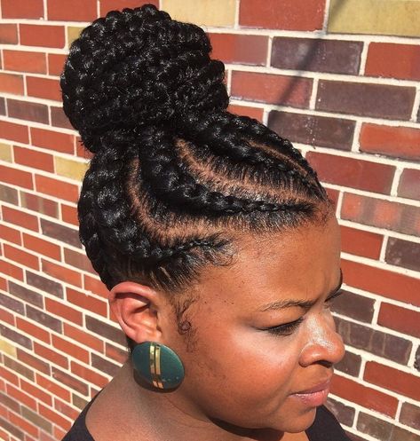 Feed-In Bun with Ghana Braids Updo Braids For Black Hair High Bun, Corn Rows, Braids Updo, Tan Skin Blonde Hair, African American Braids, Prom 2023, Natural Braids, Braided Bun Hairstyles, Updo Styles