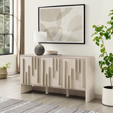 Manor Park 55” Contemporary Vertical-Detailed 3-Door Sideboard, Ivory Oak - Walmart.com White Wood Kitchens, Farmhouse Storage Cabinets, Contemporary Scandinavian, Modern Buffet, Wood Storage Cabinets, Side Board, White Sideboard, Modern Style Homes, Walker Edison