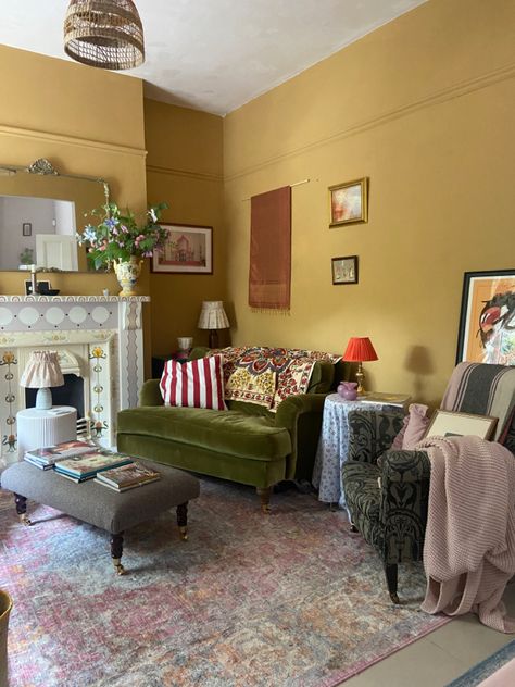 Cane Farrow And Ball, Farrow And Ball Cane, Mustard Fireplace, Yellow Accent Wall Living Room, Art Neauveau Interior, Ochre Living Room, Mustard Living Room, Dublin Apartment, Red Theory