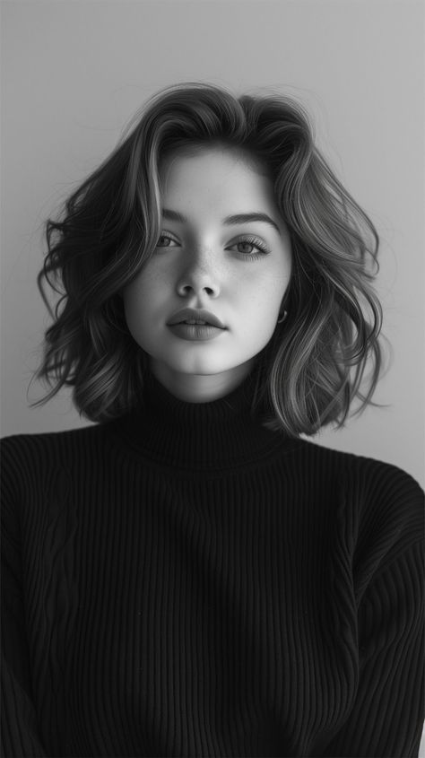 Short Hair With Gown, Hairstyle For Turtle Neck Outfit, Potrait Reference Pics, Profile Reference, Hair Inspiration Short, Haircuts For Wavy Hair, Self Portrait Poses, Short Hair Haircuts, Wavy Hair