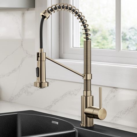 Kraus Bolden Spot Free Antique Champagne Bronze Single Handle Pull-down Kitchen Faucet with Sprayer Lowes.com Brass Kitchen Fixtures, Commercial Style Kitchen, Commercial Kitchen Faucet, Pull Down Kitchen Faucet, Cleaning Faucets, Kitchen Faucet With Sprayer, Black Kitchen Faucets, Champagne Bronze, Kitchen Faucets