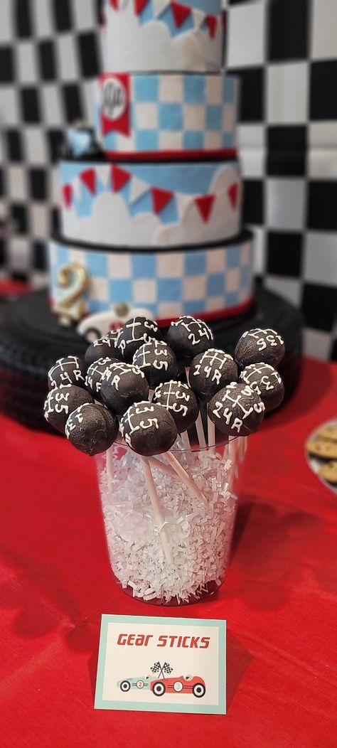 Race Car Birthday Dessert Table, Fast One Birthday Food Ideas, Fast One Food Ideas, Disney Cars Dessert Table, Race Car Desserts, Racing Theme Cake, Car Cake Pops, Race Car Cupcakes, Donut Pops