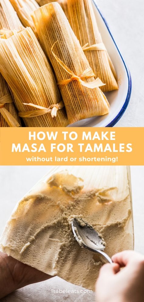 This easy to make masa for tamales recipe is the starting point to making the best homemade tamales ever! They're made from Maseca masa harina, oil, baking powder, salt and broth. Just 5 ingredients is all you need to make light, tender and flavorful tamale dough! They're made without lard, making them vegetarian and vegan! #tamales #mexicanfood #mexican Tamale Masa Recipe, Maseca Recipes, Easy Tamales Recipe, Tamales Ingredients, Homemade Tamales Recipe, Masa Recipes, Masa For Tamales, Easy Tamales, How To Make Tamales