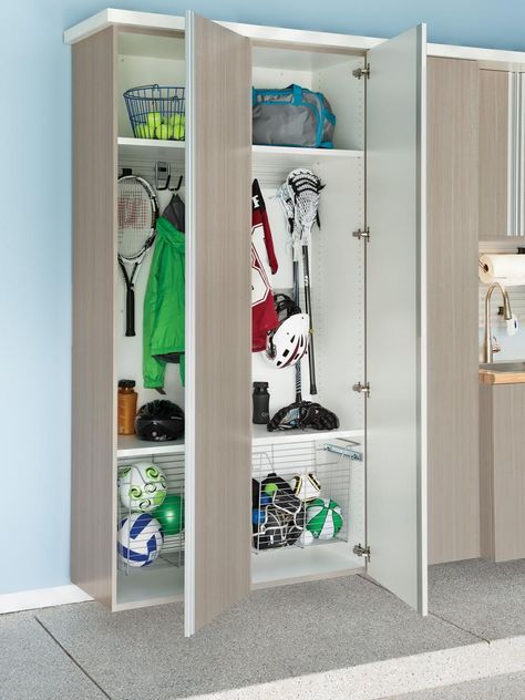 Garage Cabinets and Other Storage Tips For The Best Garage Ever Easy Garage Storage, Sports Equipment Storage, Garage Organization Systems, Sports Storage, Garage Organization Tips, Garage Organize, Equipment Storage, Garage Cabinets, Shed Design