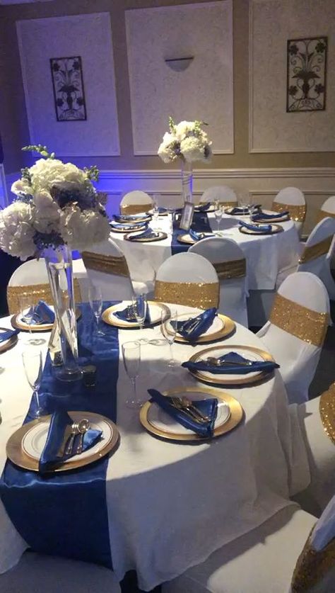 Wedding [Video] | Blue themed wedding, Blue gold wedding, Navy blue and gold wedding Navy Blue And Gold Wedding Reception, Quince Decorations Blue And Gold, Navy Blue And Gold Quinceanera Ideas, Royal Blue Quince Decorations, Royal Blue And Gold Wedding Decorations, Navy Blue And Gold Wedding Theme, Navy Blue Quinceanera Decorations, Royal Blue Table Setting, Royal Blue And Gold Wedding Theme