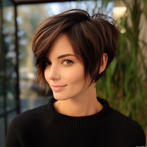 https://timeless-hairstyles.com/wp-content/uploads/2023/12/Choppy-Pixie-Bob-with-Long-Side-Bangs.webp Pixie Cut Square Face, Classic Pixie Haircut, Brown Hair Chocolate, Short Feminine Haircuts, Warm Chocolate Brown Hair, Modern Pixie Haircut, Short Stacked Bob, Short Stacked Bob Haircuts, Dark Chocolate Brown Hair