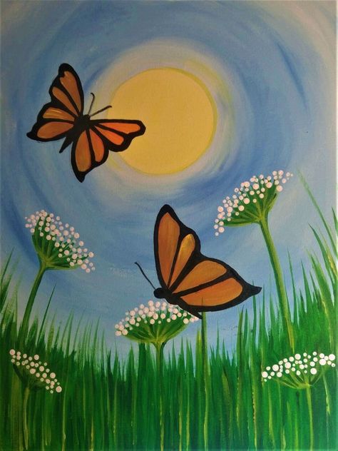 Butterflies Wall Painting, Cute Easy Flower Paintings Acrylic, Small Butterfly Painting Easy, Butterfly Painting For Beginners, Simple Painted Butterfly, Flowers And Butterfly Painting, Butterfly With Flowers Painting, Butterfly Painting With Flowers, Painted Butterflies Easy