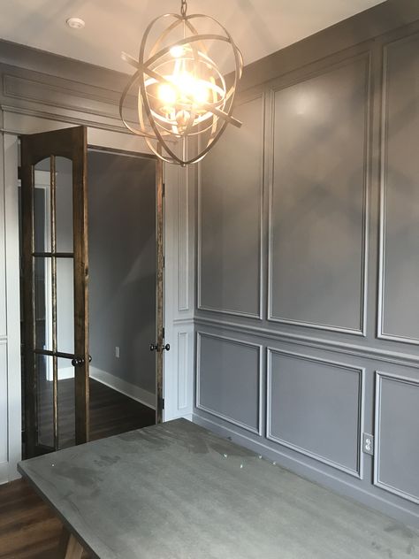 Gauntlet Gray Office, Sherwin Williams Accent Wall, Gauntlet Gray Sherwin Williams, Sherwin Williams Gauntlet Gray, Gray Wainscoting, Colonnade Gray, Gray Sherwin Williams, Gauntlet Gray, Sherwin Williams Gray