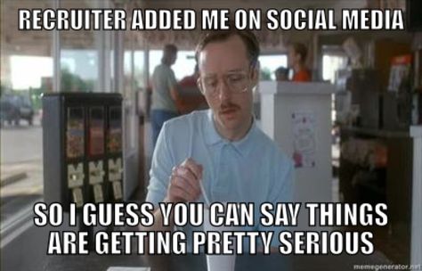 Some candidates think that being added on social media by a recruiter means that they're being offered a job. Slow down. Mormon Humor, Swimming Memes, Pregnancy Memes, Fitness Humor, Instagram Locations, Napoleon Dynamite, Band Nerd, Band Geek, Michelle Lewin