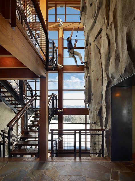 Interior climbing wall | Yellowstone Club Residence by Krannitz Gehl Architects Industrial Staircase, Home Climbing Wall, Yellowstone Club, Indoor Climbing Wall, Sport Center, Indoor Rock Climbing, Contemporary Staircase, Glass Stairs, Straw Bale