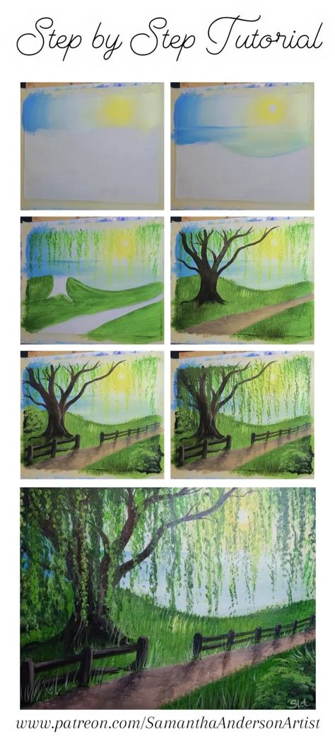 Easy Tree Nature acrylic painting tutorial with lake and sunset Weeping Willow Tree Watercolor, Scenery Painting Step By Step, Learn How To Paint Step By Step, Beginner Painting Tips, Landscape Tutorial Painting, How To Paint Scenery Step By Step, Free Painting Tutorials, How To Paint Step By Step Easy, How To Paint Tutorials Step By Step