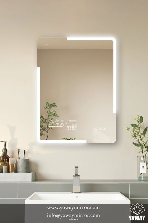 A classic shape perfect for hallways and bathrooms, a frameless LED mirror combines functionality and elegance in a way that can elevate your entire living space. This LED Mirror has Digital Screen with Weather, Temperature, Humidity, Clock, Bluetooth, Speaker, Demister, and Touch sensor Bathroom Mirror Wall, Weather Temperature, Led Bathroom Mirror, Digital Screen, Led Bathroom, Led Mirror Bathroom, Mirror Wall Bathroom, Led Mirror, Mirror Wall