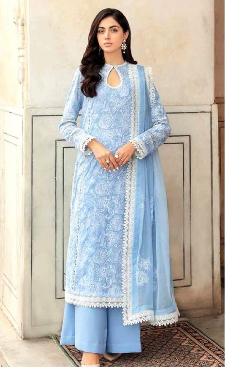 Pakistani Blue Suit, Lucknowi Dress Pattern, Light Blue Kurta Woman, Light Blue Chikankari Kurta, Sky Blue Kurta Woman, Sky Blue Suit Women, Pakistani Lawn Suits Design 2023, Light Blue Punjabi Suit, Sky Blue Suit Design