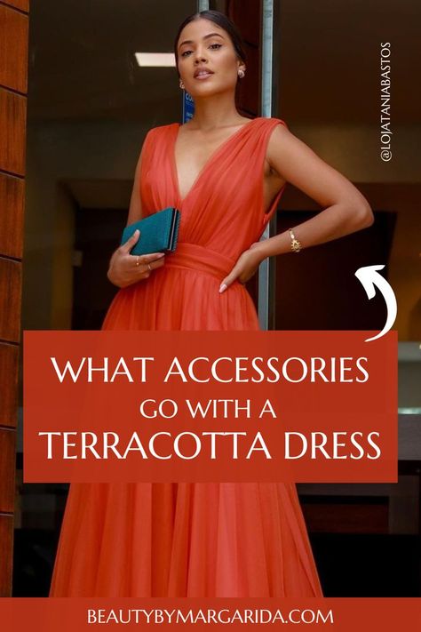 Looking for ideas on how to accessorize your terracotta dress? Look no further! Our guide has got you covered with tips on the best jewelry, shoes, purse, and nail polish to pair with your terracotta dress! Dress: Tania Bastos Terracotta Dresses, Terracotta Dress, Rust Color Dress, Color Terracota, Fun Nail Colors, Best Jewelry, Rust Dress, Dress Jewelry, Dress Cover