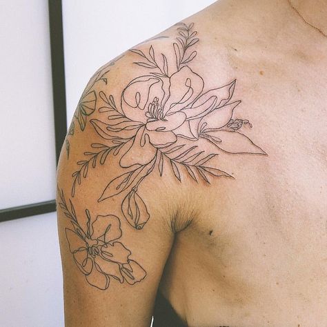 Line Art Shoulder Tattoo. A floral design created with simple line work. Click through for 50 shoulder tattoo ideas. #shouldertattoos #tattooideas #tattoos IG: @fleurnoiretattoo Floral Sleeve Tattoo Minimalist, Line Art Tattoos Women, Floral Line Tattoo, Floral Tattoo Shoulder, Theme Tattoo, Shoulder Tattoos For Women, Line Work Tattoo, Line Art Tattoos, 1 Tattoo