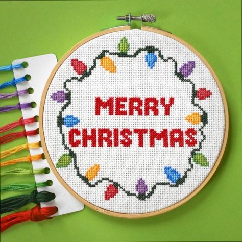 Christmas Lights Cross Stitch, Simple Christmas Cross Stitch Patterns, Merry Christmas Cross Stitch, Fairy Lights Diy, Stitch Decoration, Cottagecore Christmas, Christmas Miracle, Colourful Christmas, Cross Stitch Fairy