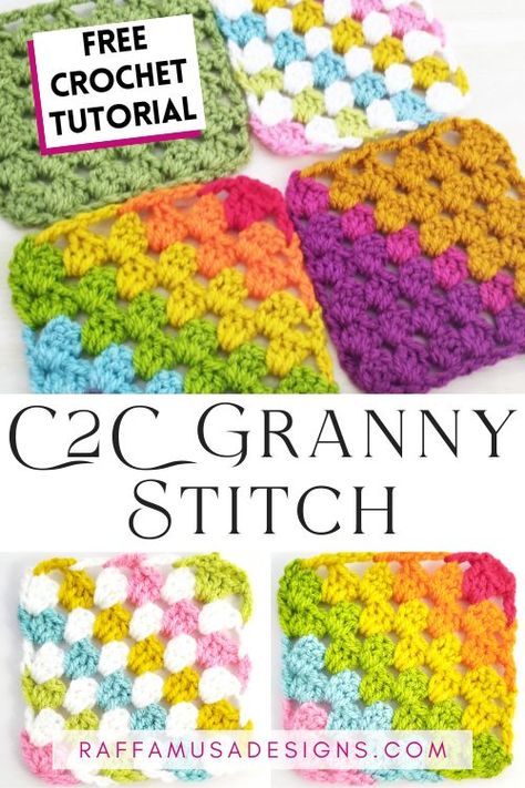 Crochet Corner-to-Corner (C2C) Granny Stitch – Video Tutorial • RaffamusaDesigns Crochet C2c Granny Square Blanket, Granny C2c Crochet Blanket, Granny Square Corner To Corner, Corner To Corner Granny Square Blanket Free Pattern, C2c Granny Square Crochet Pattern Free, C2c Granny Stitch, Striped Granny Square, One Color Granny Square Blanket, Crochet Blanket Patterns Easy Granny Square