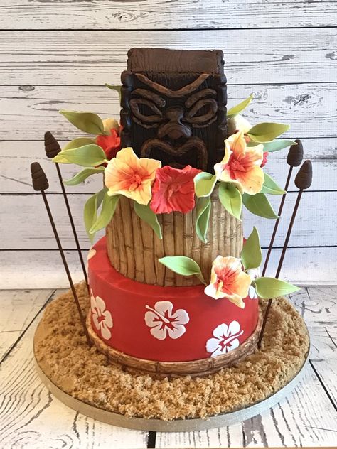 Tiki Birthday Party, Hawaiian Birthday Cakes, Tiki Cake, Cakes Graduation, Hawaii Cake, Cakes Anniversary, Hawaiian Cake, Luau Theme Party, Luau Birthday Party