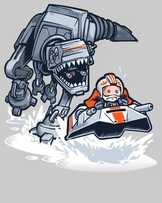 Artist Nathan Davis created this amusing t-shirt design that was inspired  by Star Wars and Jurassic Park. He calls the it "Jurassic Hoth," and it's  comes at a time where we've seen trailers for both Star Wars: The Force  Awakens and Jurassic World. If you want to purchase a t-shirt with this art  on it, click here. The AT-AT walker reimagined as a T-Rex really makes for  a fun design. Star Wars Love, Star Wars Fan Art, Star Wars Images, Star Wars Humor, Chewbacca, Love Stars, Kylo Ren, Calvin And Hobbes, Boba Fett