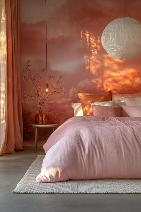 Pink Feature Wall Bedroom, Ombre Bedroom, Pink Feature Wall, Fantasy Bedroom Ideas, Cloud Bedroom, Bedroom Wall Decor Ideas, Feature Wall Bedroom, Fantasy Bedroom, Ombre Wall