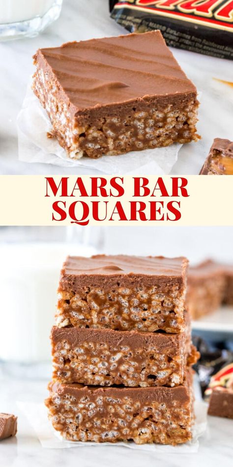 Mars bar squares are the easiest, chewiest, gooiest treat! If you love Mars bars - then you need to make these #marsbar #marsbarsquares #ricekrispies #nobake #easy from Just So Tasty Mars Bar Squares, Mars Bar Slice, Mars Bars, Chocolate Rice Krispie Treats, Mars Bar, Tray Bake Recipes, Sweet Treats Recipes, Crispy Treats, Rice Krispie Treats