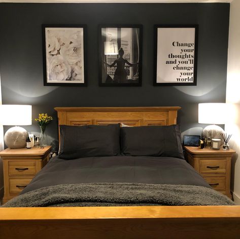 Provide contrast in a dark and moody bedroom with bright oak furniture. #OakFurnitureland #blackgreyandwhitebedroom #blackbedroom #blackbedroomideas #blackbedroomdecor #blackbedroomwall #blackbedrooms #bedroomideasblackandwhite #oakbedroomfurniture #oakbedroomideas#oakbedroom #oakbed Black White And Oak Bedroom, Dark Oak And Black Bedroom, Oak And Black Bedroom, Black And Oak Bedroom, Grey Men’s Bedroom Ideas, Cosy Mens Bedroom, Men’s Bedroom Ideas Black, Men's Bedroom Furniture Black Brown Set Modern, Dark Oak Furniture