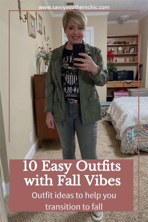 Need ideas for transitioning to fall? What do you wear when it's still hot in fall? Click through for 10 easy fall outfit ideas. Outfits for petites and women over 40. Fall Clothing Ideas For Women Over 40, Fall Fashion Over 40 Casual, Fall Outdoor Outfits Women Casual, Fall Outfits Over 40 Women, Casual Dinner Party Outfit Fall, What To Wear To Fall Festival, Fall Looks For Women Over 40, Fall Fashion For Women In Their 40's, What To Wear To A Fall Festival