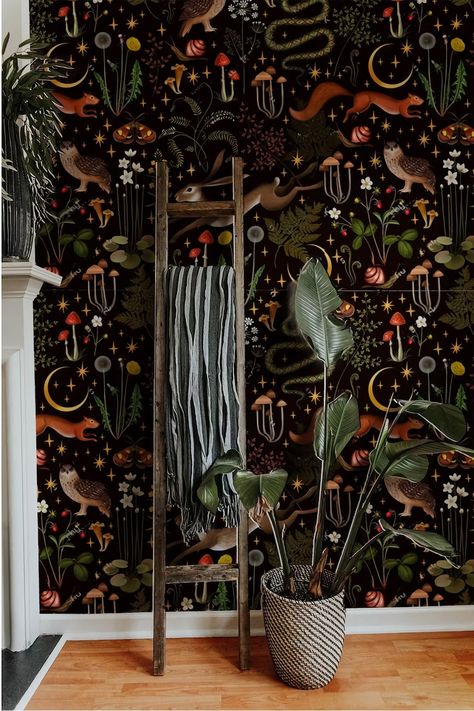 Magic Forest Pattern. Dark Stars Black Wallpaper - Etsy Australia Dark Green Mushroom Wallpaper, Witchy Wallpaper Bedroom, Spooky Peel And Stick Wallpaper, Mushroom Wallpaper Bathroom, Bold Peel And Stick Wallpaper, Dark Room Wallpaper, Dark Cozy Bedroom Bohemian, Anthropology Wallpaper, Dark Moody Wallpaper