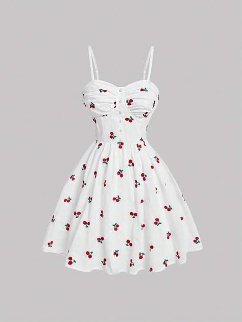 SHEIN MOD Cherry Embroidery Spaghetti Strap DressI discovered amazing products on SHEIN.com, come check them out! Cute Cherry Dress, Fashion Inspo Dresses, Pretty Sun Dresses, Cute Shein Clothes, Cherry Inspired Outfit, White Cherry Dress, Sunny Clothes, Cherry Clothes, Embroidery Outfits