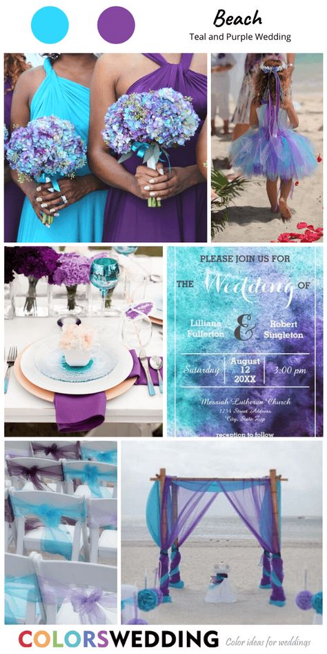 Colors Wedding | Best 8 Teal and Purple Wedding Color Ideas Purple And Teal Wedding Dresses, Beach Theme Wedding Dress, Teal And Lilac Wedding, Teal And Purple Wedding Ideas, Lavender And Teal Wedding, Purple And Teal Wedding Ideas, Teal Wedding Dresses, Purple And Turquoise Wedding Ideas, Teal And Purple Wedding