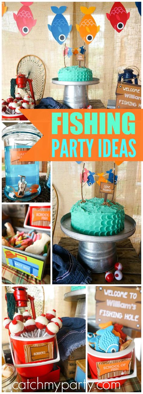 You have to see this “Gone Fishing” themed party! See more party ideas at CatchMyParty.com! Fish Themed Birthday Party, Fishing Themed Party, Gone Fishing Party, Fishing Theme Party, Boy Shower Themes, Fishing Themed Birthday Party, Baby Shower Fishing, Fishing Birthday Party, Boys First Birthday Party Ideas