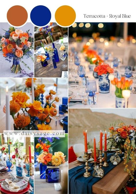 Royal Blue Fall Wedding, Terracotta And Blue Wedding, Garden Wedding Color Palette, Wedding Color Royal Blue, Terracotta Wedding Color, Wedding Color Theme Ideas, Blue Wedding Colour Theme, Blue Color Palette Wedding, Royal Blue Wedding Theme